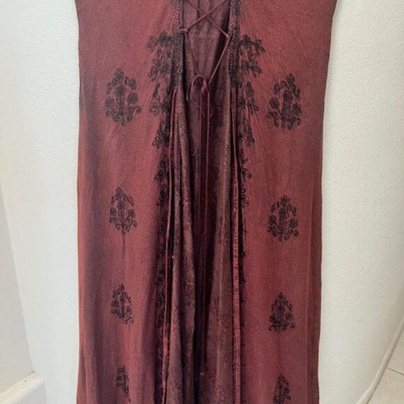 Vintage Renaissance Medieval Maxi Flowy Dress Maroon & Black Flocked Floral 1x - Picture 4 of 10